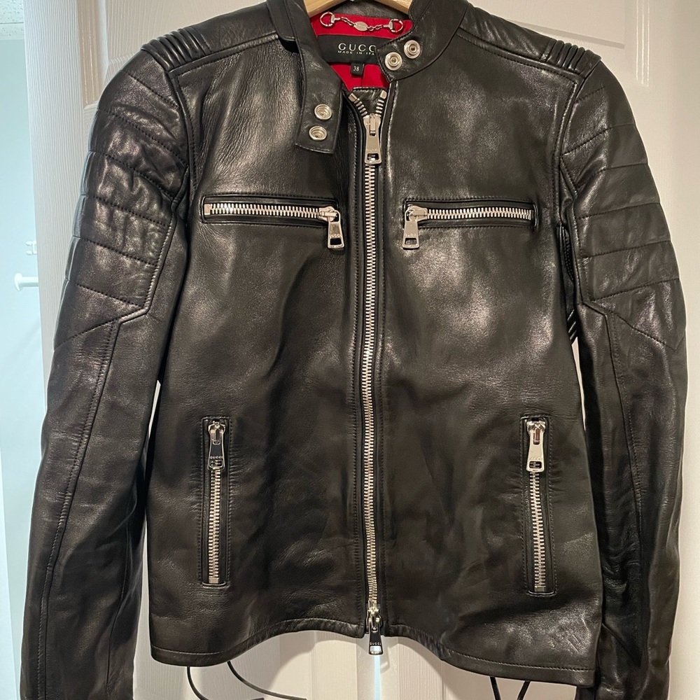 Gucci leather biker jacket!!! Gucci garment bag included!